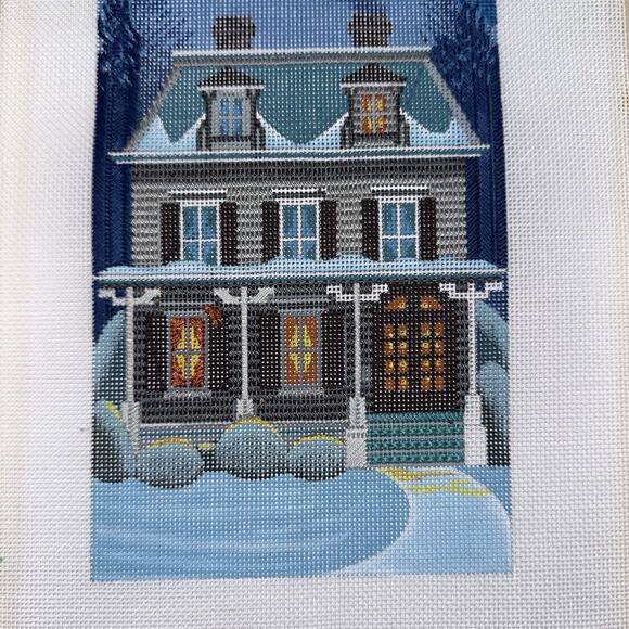 Peter Ashe Hand-Painted Needlepoint Canvas Victorian House Snowy Incomplete - Picture 2 of 16